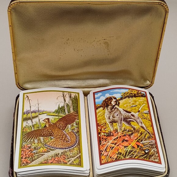playing cards 2 decks 2 masculine hunting design original case vtg Windsor 1960s - Picture 1 of 15